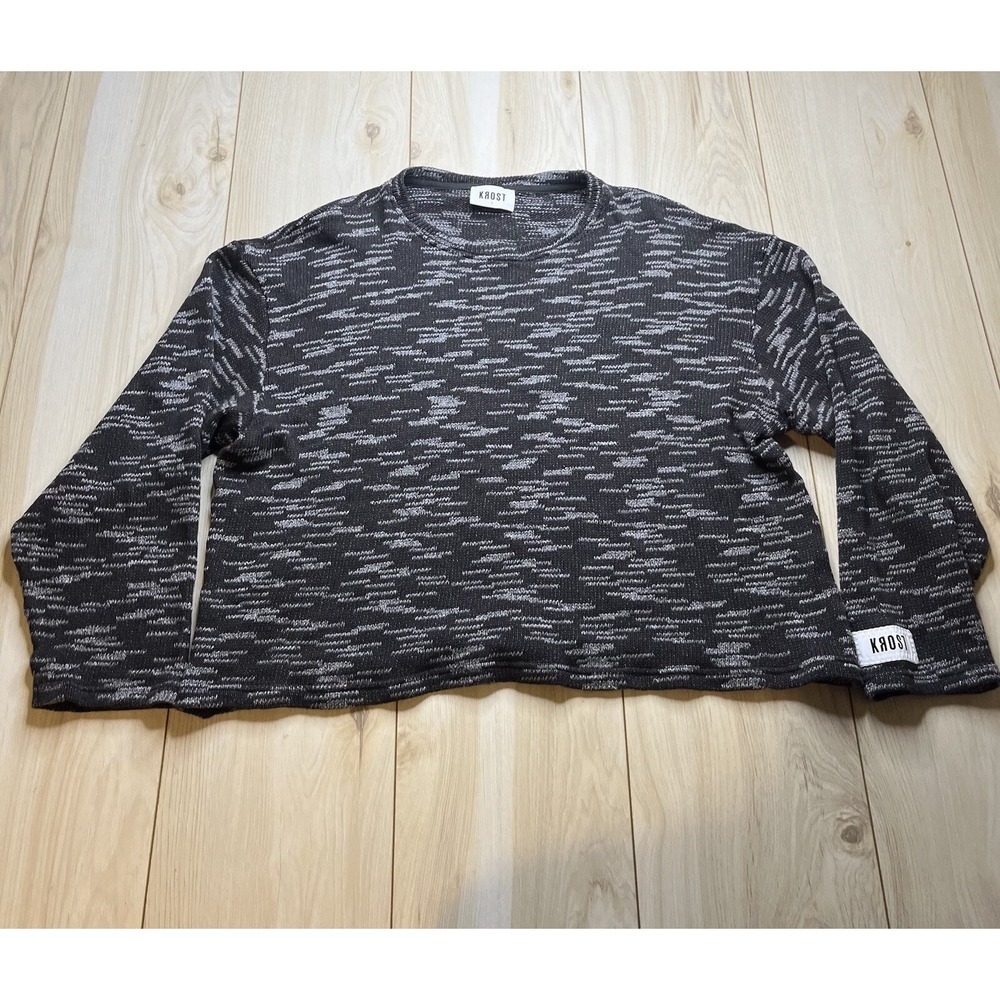 Krost Cropped Knit Shirt Crewneck Long Sleeve Grey/Black Womens Size Large